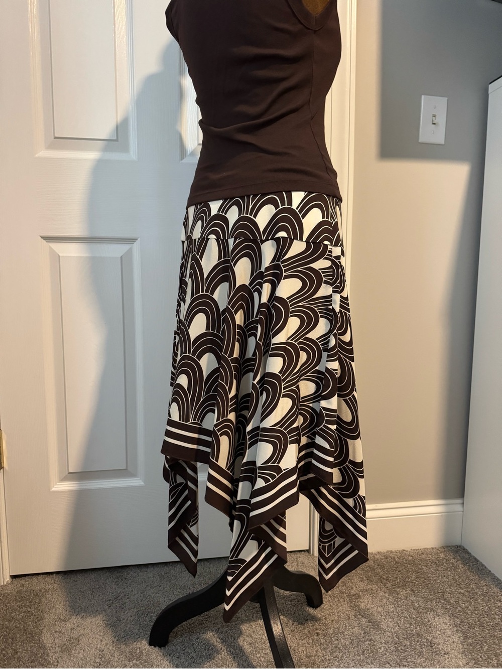 Trina Turk Brown and White Asymmetrical Handkerchief Hem Skirt. Never worn.